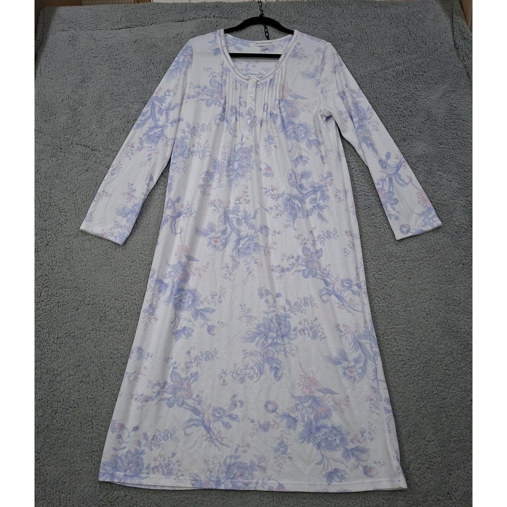 Miss Elaine Nightgown White Lavender Floral Lace Trim sz Small Maxi Length